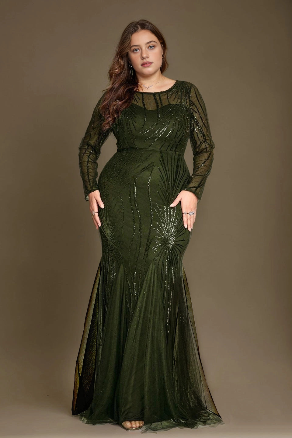 Glam Plus Size Mermaid Round-Neck Long-Sleeve V-Back Train-Length Mother Of Bride Dress