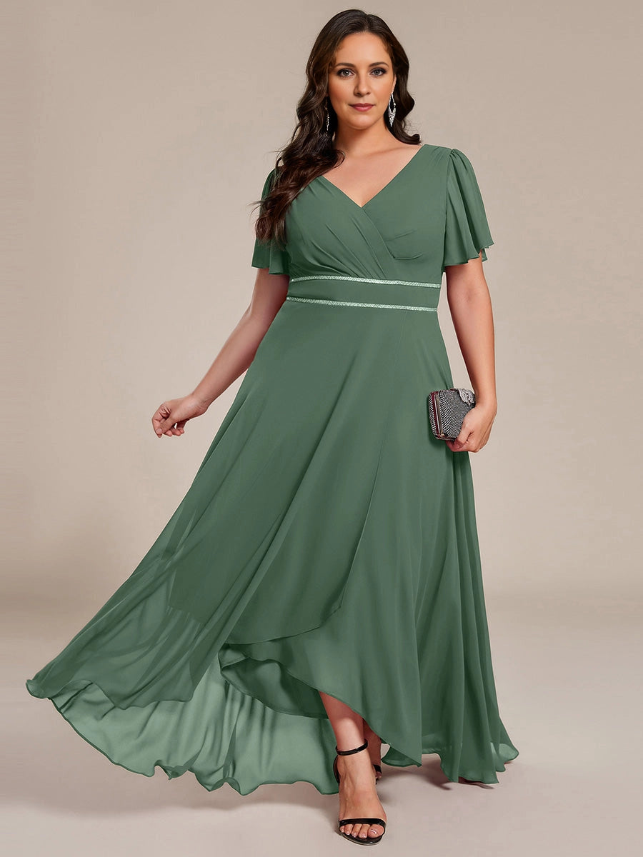 Elegant Plus Size A-Line V-Neck Flutter-Sleeve V-Back Maxi Mother of Bride Dress