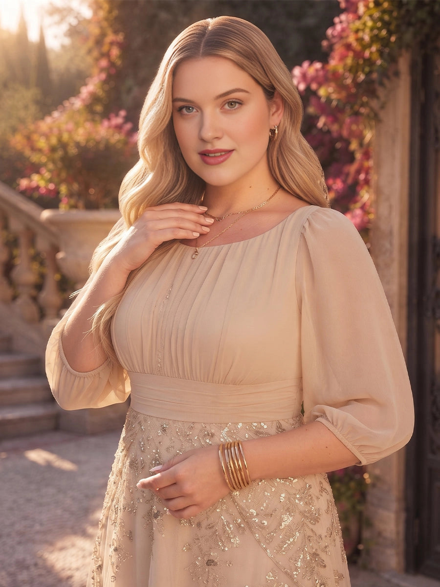 Modest A‑Line Boat Neck 3/4 Puff Sleeve Pleated Back Floor Length Plus Size Mother Of The Bride Dress