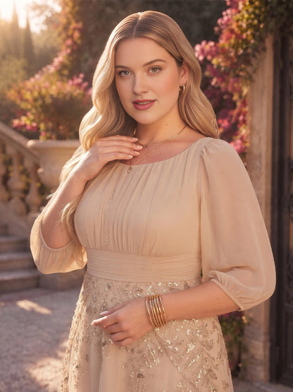 Modest A‑Line Boat Neck 3/4 Puff Sleeve Pleated Back Floor Length Plus Size Mother Of The Bride Dress