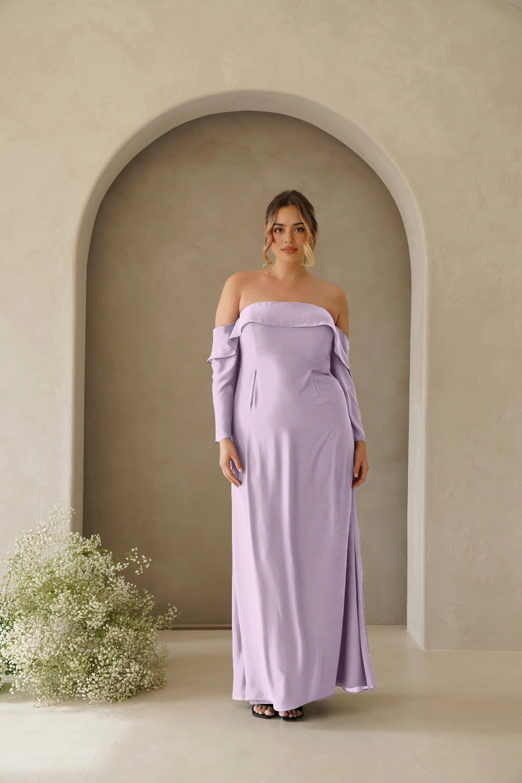 Elegant Plus Size A-Line Straight Neck Long Sleeve Zipper Back Floor Length Bridesmaid Dress