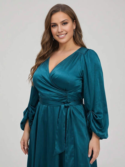 Roselledress V Neck Wrap Puff Sleeve Midi A Line Plus Size Prom Dress