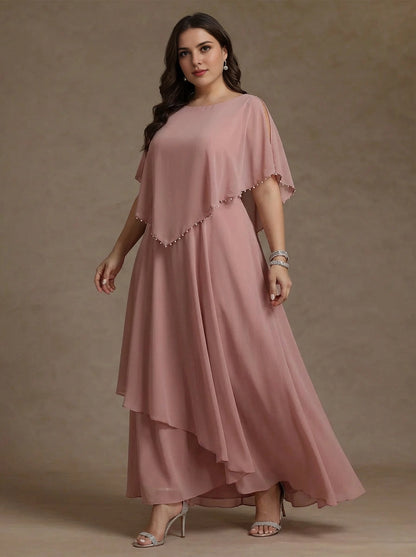 Roselledress dusty pink chiffon plus size mother of bride maxi dress round neck beaded cape sleeve flowy layered formal gown for wedding mom