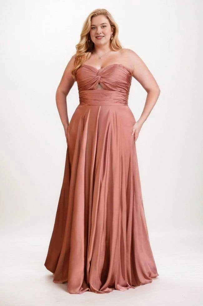 Terracotta satin A-line bridesmaid dress with a strapless sweetheart neckline, twist-front cutout and wide ruched waistband, front view.
