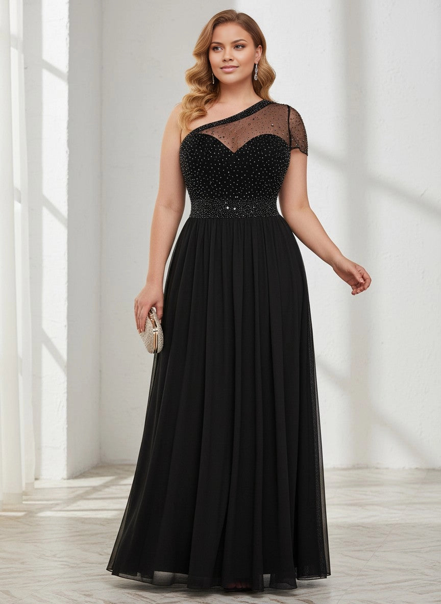 roselledress black beaded one‑shoulder plus‑size a‑line prom dress mesh short sleeve