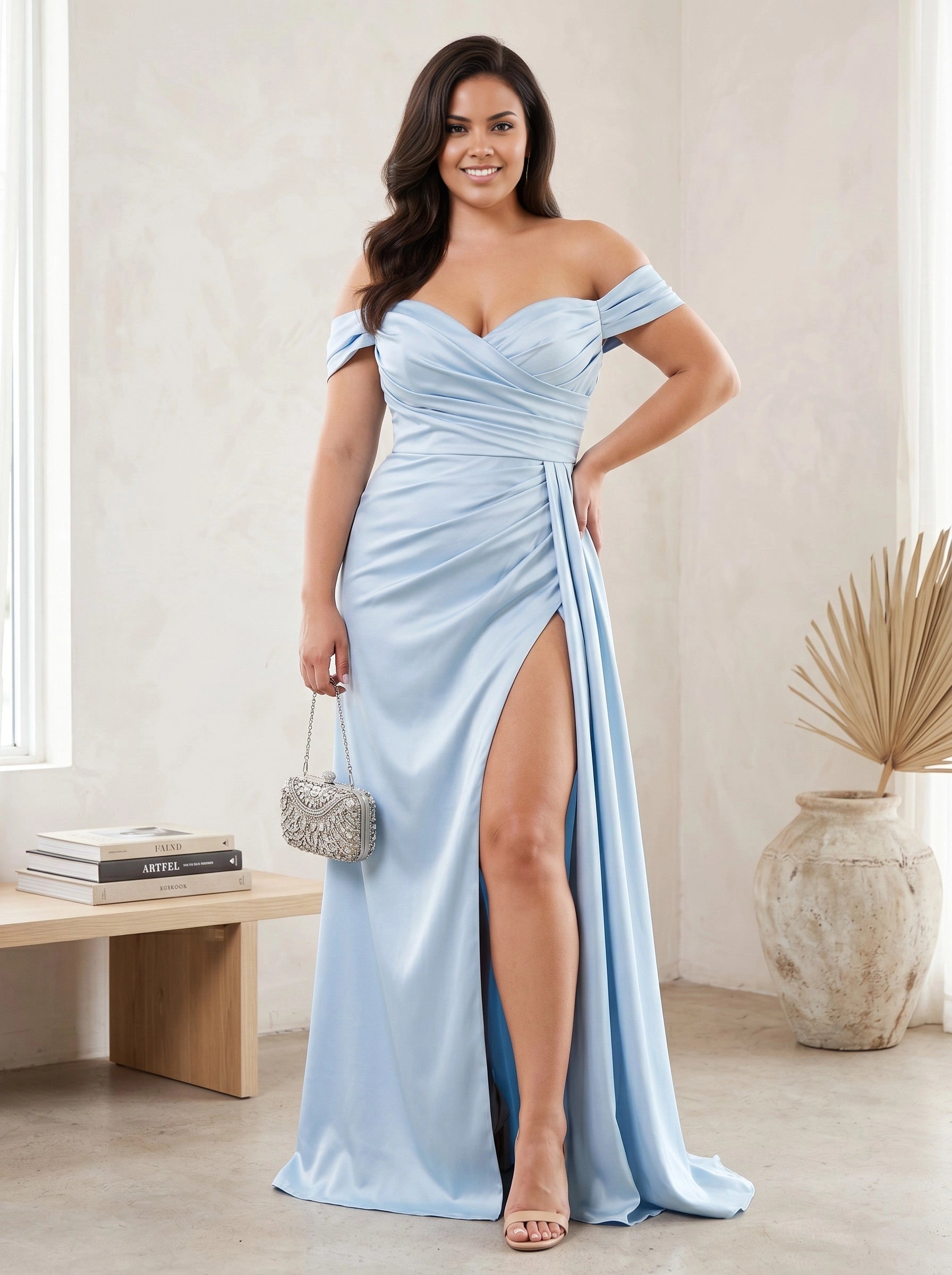 roselledress light blue satin off shoulder wrap bodice high slit plus‑size mermaid formal gown