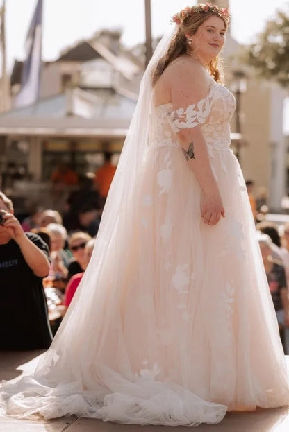 Romantic A‑Line Off‑The‑Shoulder Short Sleeve Open‑Back Chapel‑Train Plus Size Wedding Dress