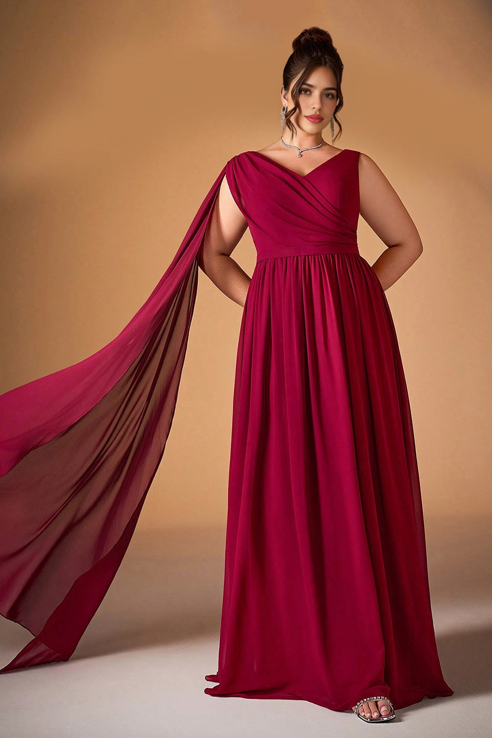 dress burgundy plus size a-line v-neck chiffon bridesmaid gown with cape sleeve for curvy women
