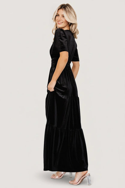 Emerald A‑Line V‑Neck Short‑Sleeve Smocked‑Back Floor‑Length Mother Of Bride Dress