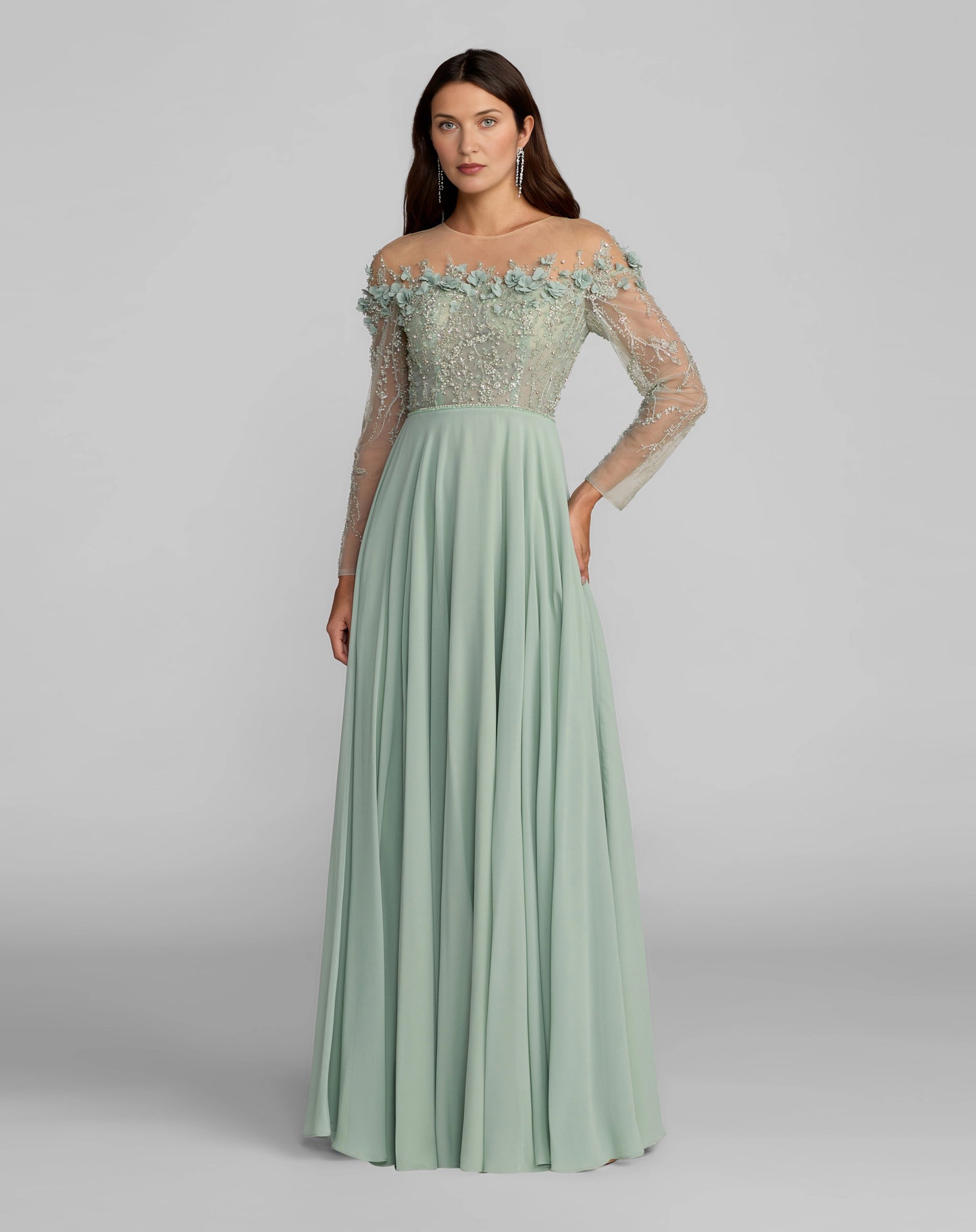 roselledress sage green 3d floral off shoulder a line mother of the bride dresses front view sheer long sleeve chiffon formal wedding gown