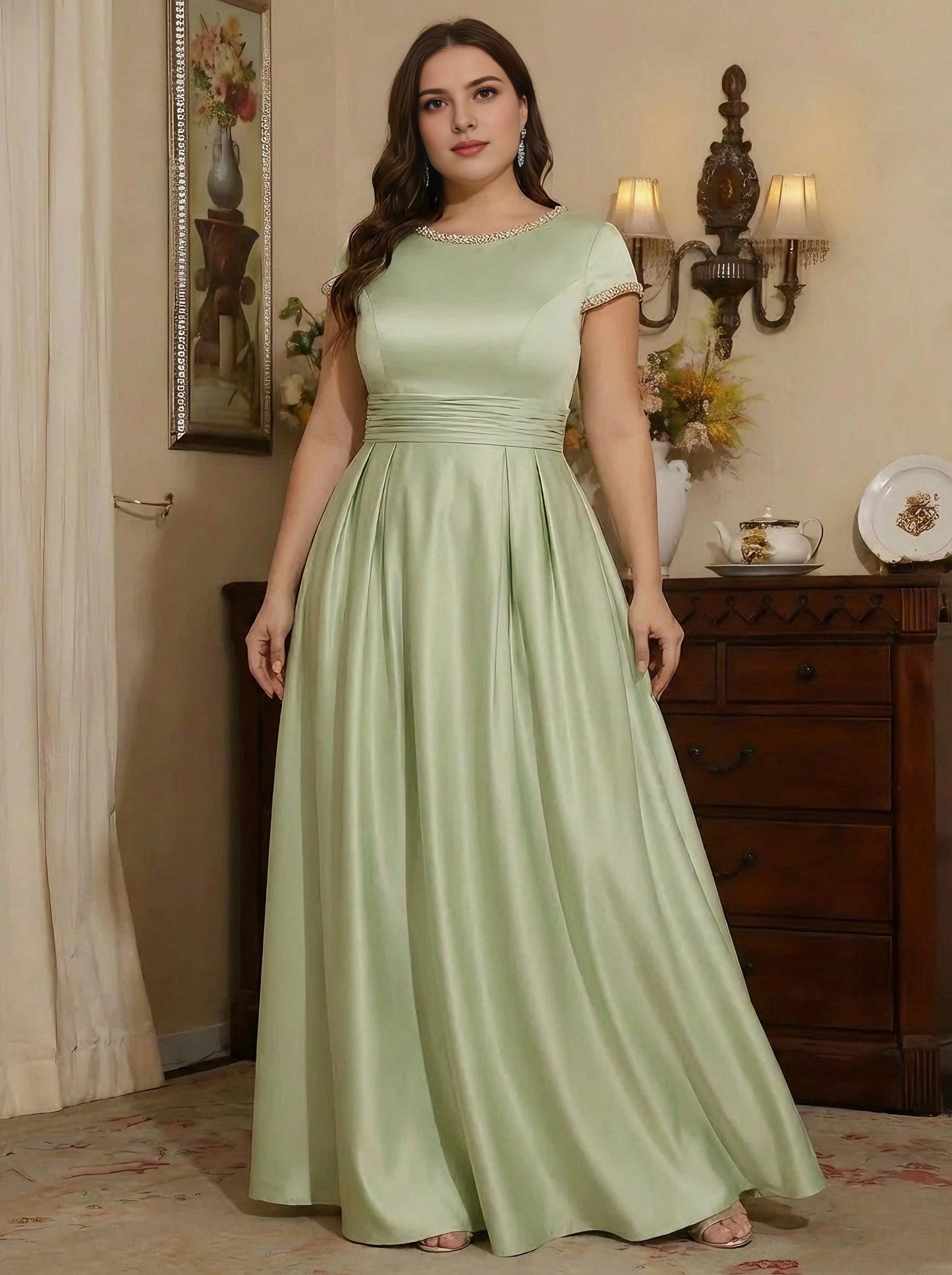 roselledress sage green plus size mother of bride gown beaded neck short sleeve pleated satin A-line formal dress