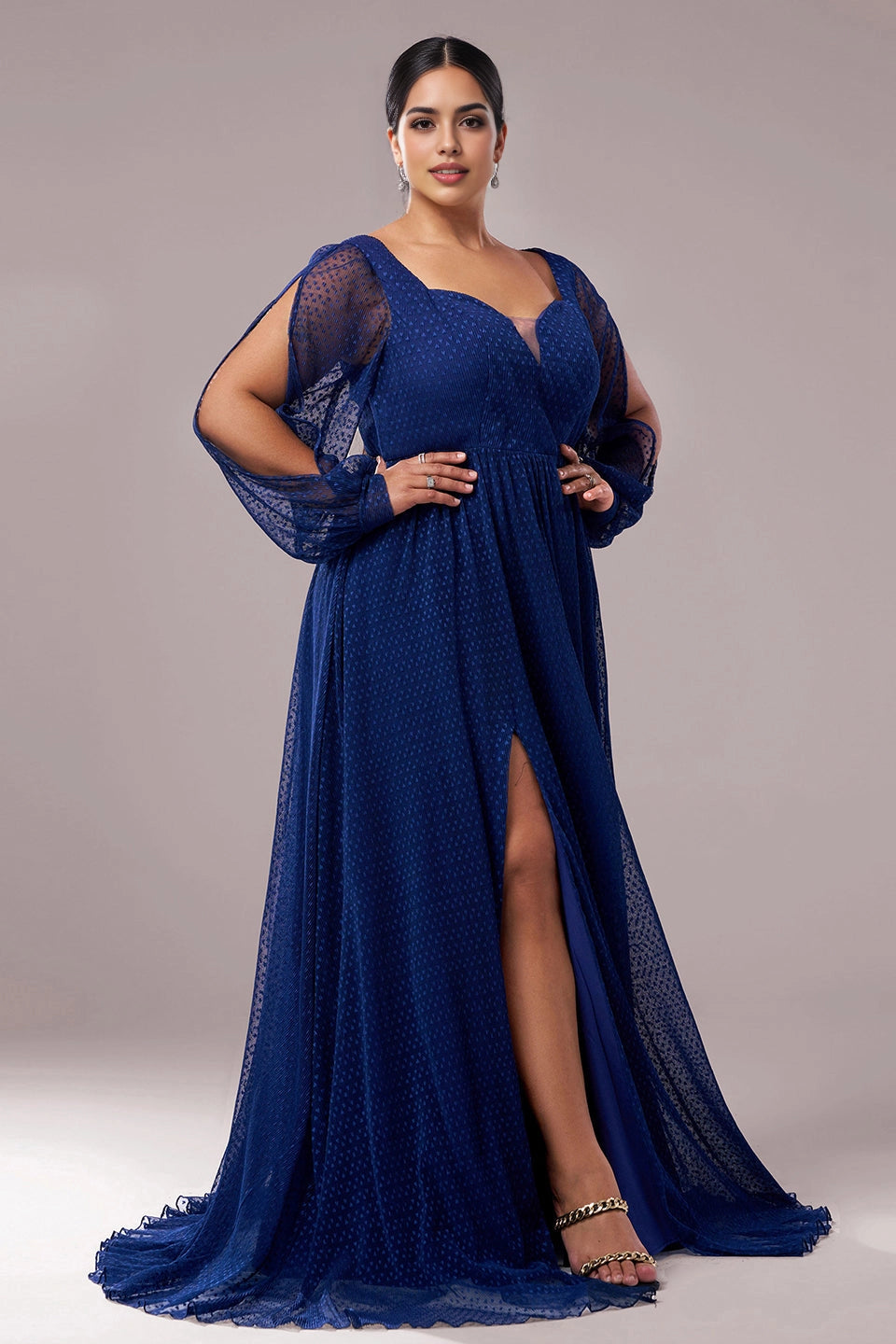 Royal Blue Plus Size A-Line Sweetheart Split Sleeve Closed Back Long Prom Dress