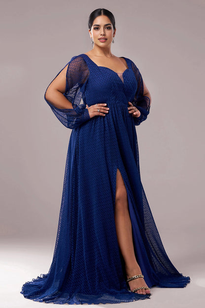 Royal Blue Plus Size A-Line Sweetheart Split Sleeve Closed Back Long Prom Dress