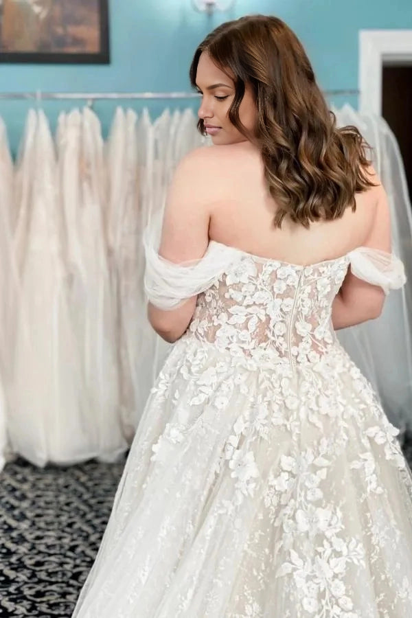 Back view Roselledress plus size wedding gown sheer lace illusion back off‑the‑shoulder tulle sleeve bridal dress