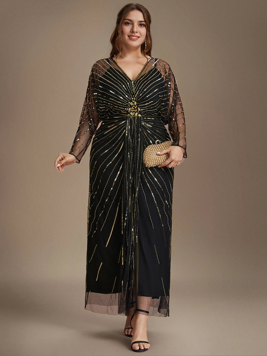 roselledress black plus size evening dress straight v neck long sheer sleeve gold radial sequin tulle maxi formal gown front view