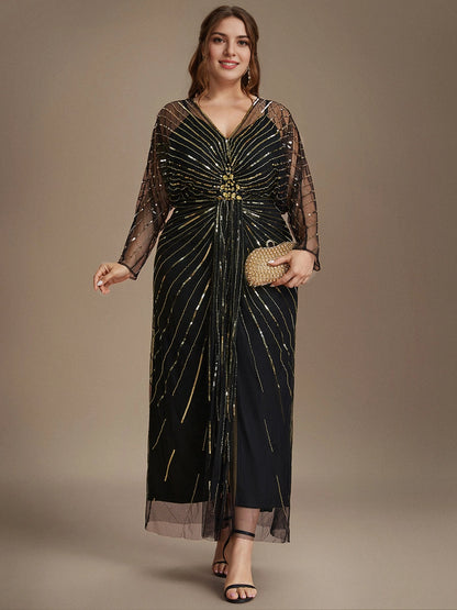 roselledress black plus size evening dress straight v neck long sheer sleeve gold radial sequin tulle maxi formal gown front view