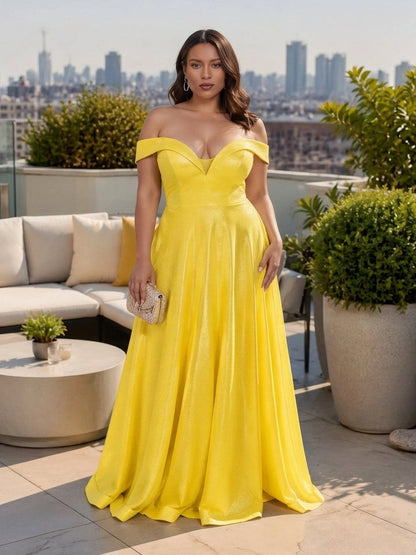 roselledress bright yellow satin off‑the‑shoulder a‑line plus‑size prom dress front view