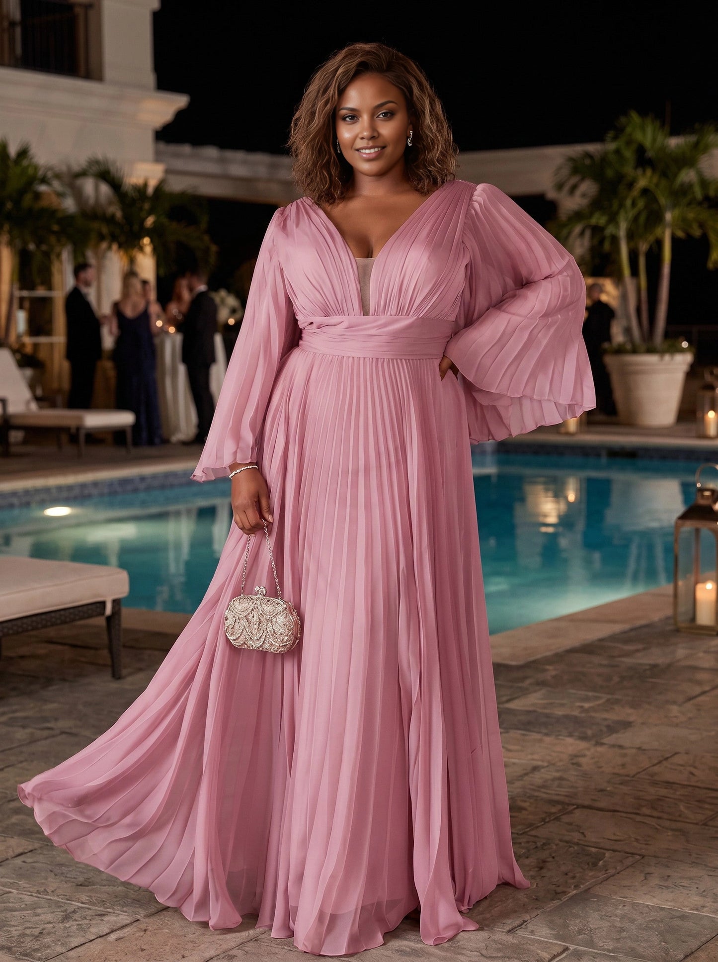 roselledress dusty pink pleated plus‑size a‑line prom dress flared bell sleeve deep v neck