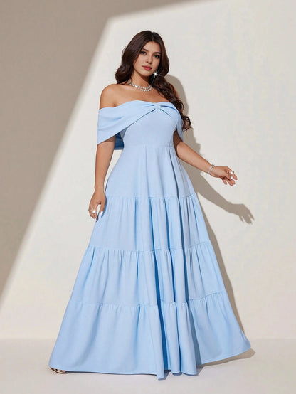 Plus Size Sky‑Blue A‑Line Off‑The‑Shoulder Short‑Sleeve Open‑Back Floor‑Length Prom Dress