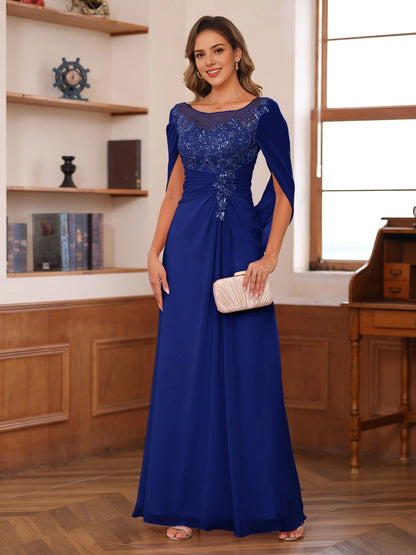 Ruched A-Line Bateau-Neck Cape-Sleeve Keyhole-Back Floor-Length plus size Mother Of Bride Dress