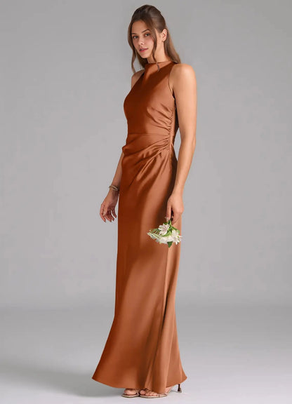 Chocolat Plus Sizee Satin Mermaid Halter Sleeveless Open Back Maxi Bridesmaid Dress