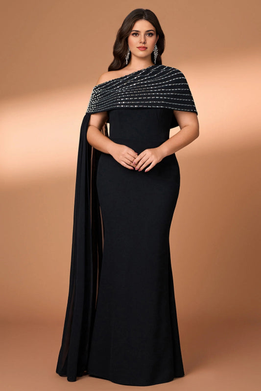 Roselledress black plus size prom dress mermaid one shoulder beaded cape sleeve floor‑length formal evening gown
