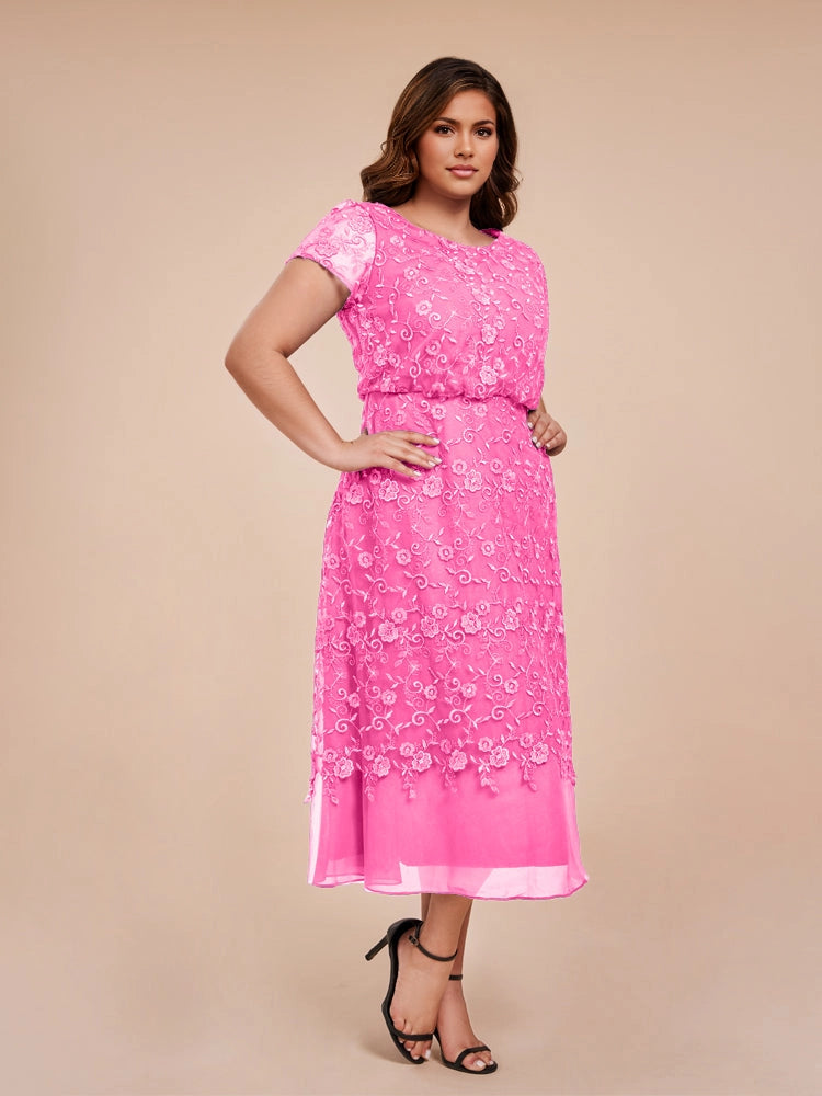 Elegant A‑Line Round Neck Short Sleeve Zipper‑Back Midi Length Formal Plus Size Mother Of The Bride Dress