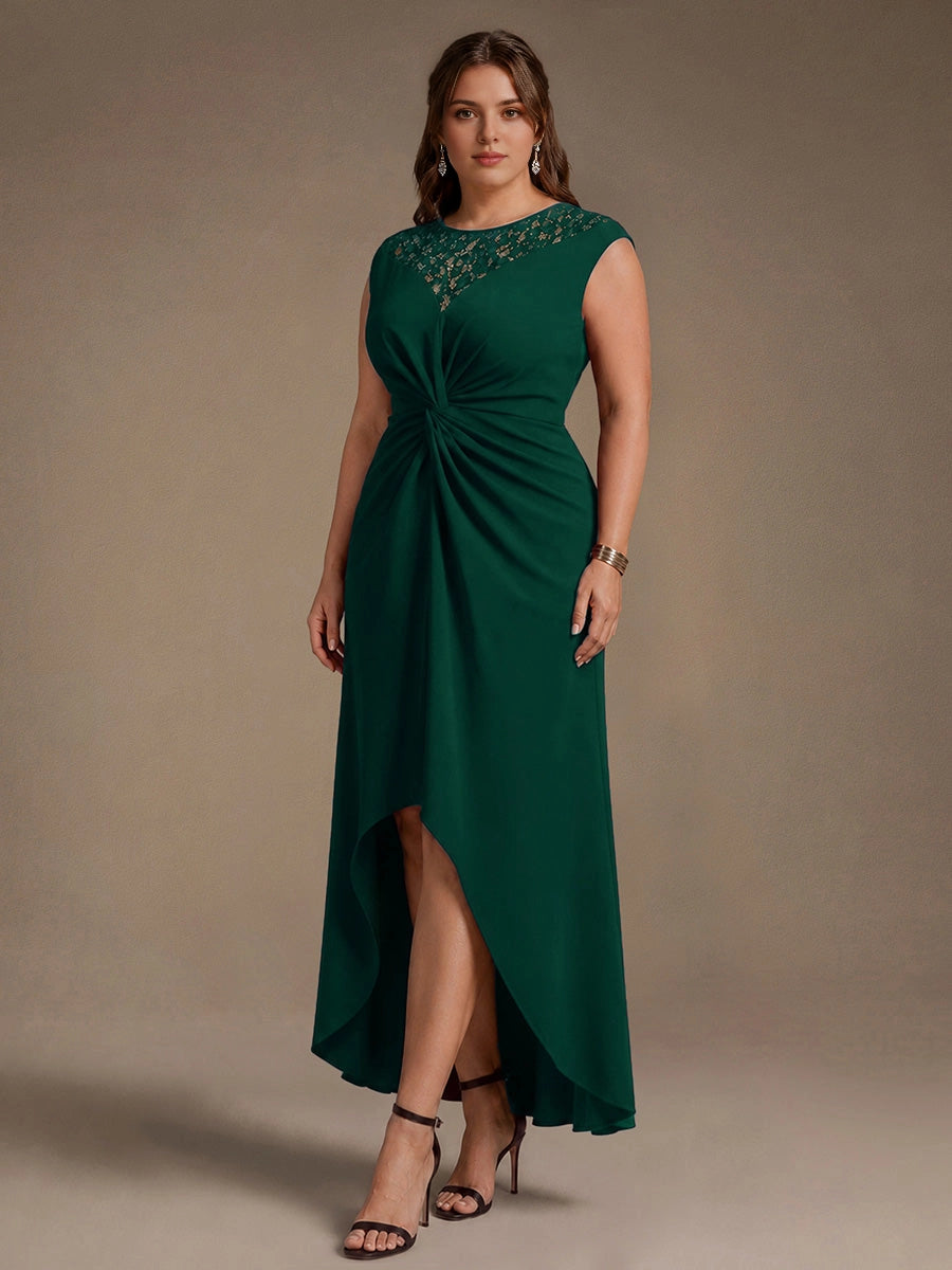 Roselledress Burgundy Sheath Round Lace Cap Sleeve Zip Back High Low Midi Plus Size Weeding Guest Dress