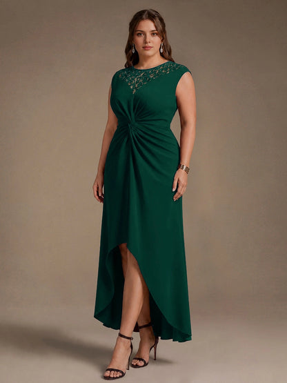 Roselledress Burgundy Sheath Round Lace Cap Sleeve Zip Back High Low Midi Plus Size Weeding Guest Dress