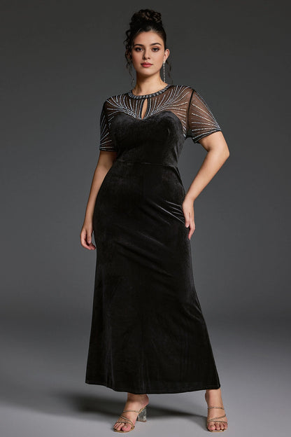 Roselledress plus size black velvet prom dress keyhole neck rhinestone mesh short sleeve mermaid ankle length front view