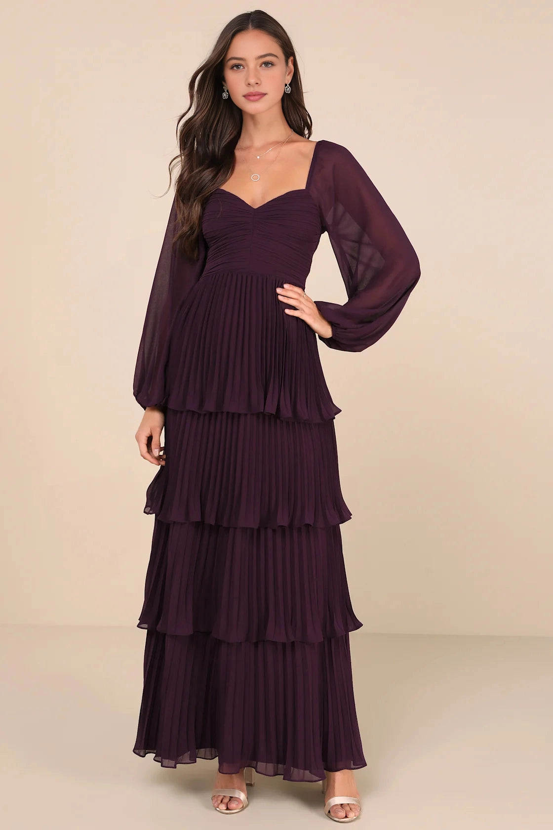RoselleDress plum chiffon A-line bridesmaid dress sweetheart long sleeve tiered pleated skirt beige studio shot