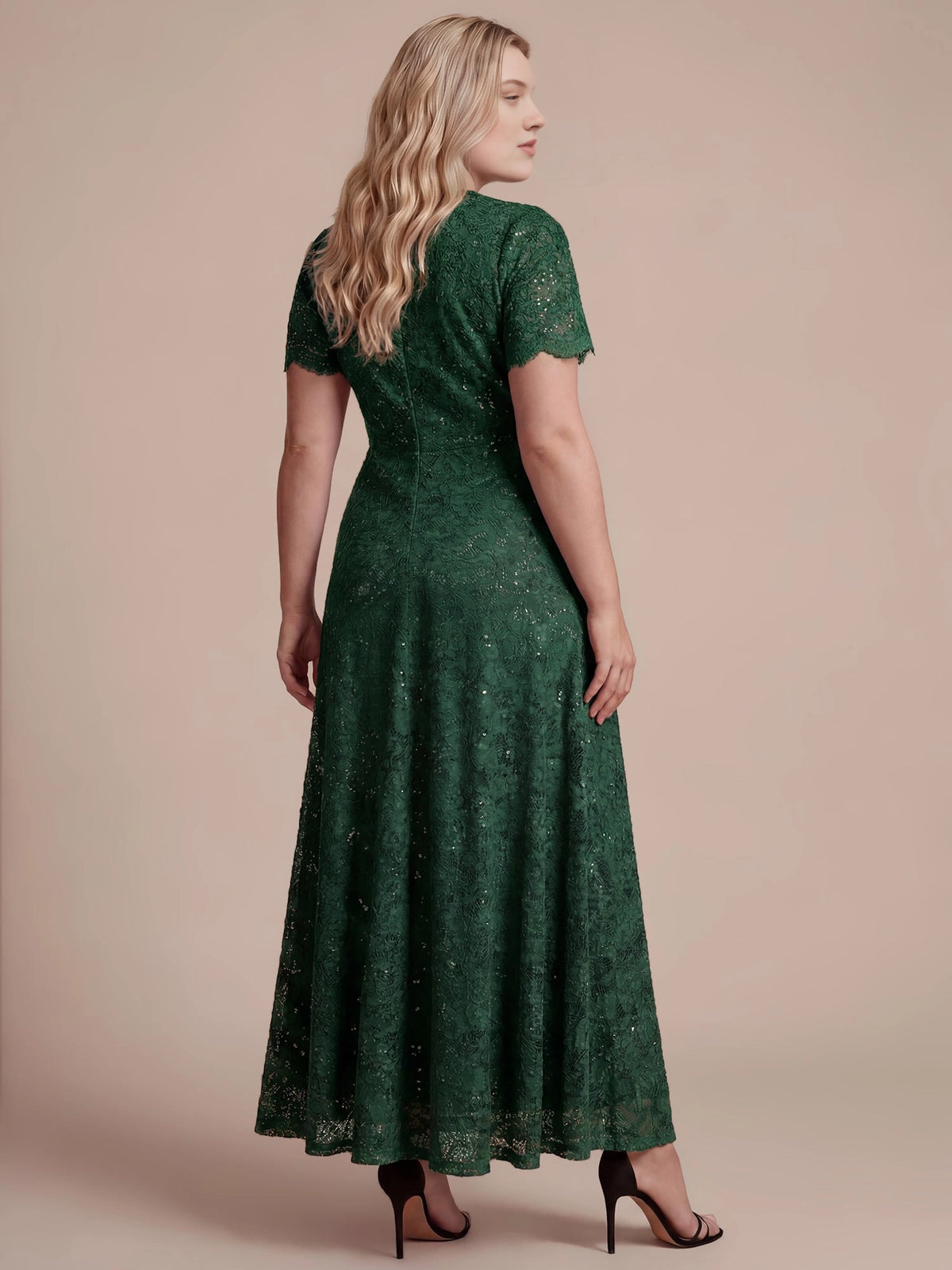 Plus Size Sequin Lace V-Neck Flutter Sleeve Long Mother of Bride Dress