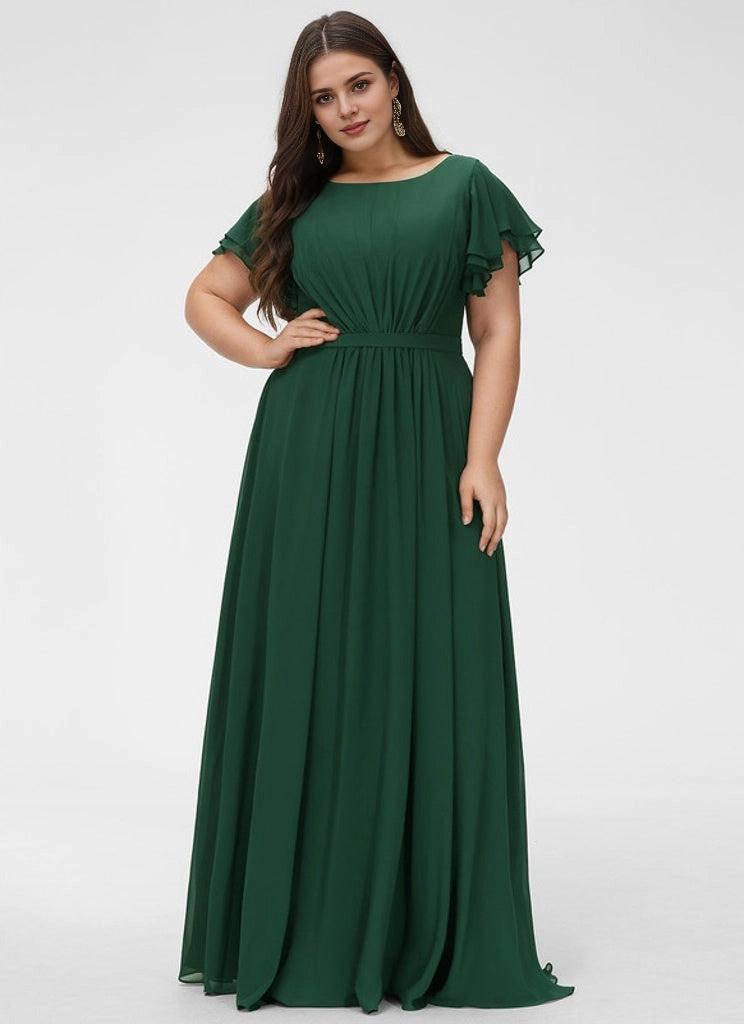 roselledress emerald green plus size mother of bride maxi dress round neck flutter sleeve chiffon formal gown