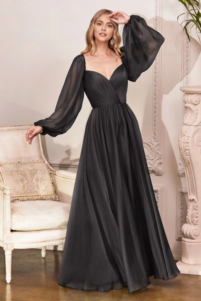 Roselledress black chiffon A-line bridesmaid dress sweetheart off shoulder long puff sleeve floor length formal gown