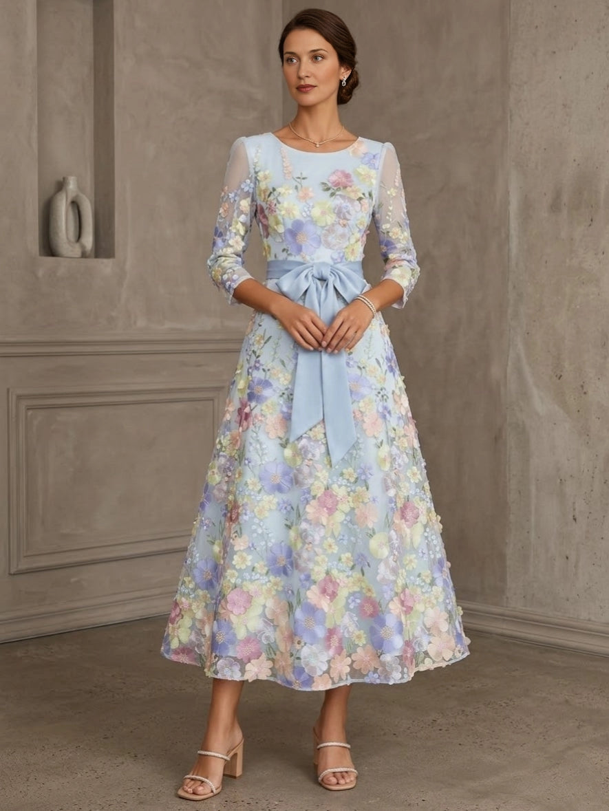 Fresh A-Line Bateau Neck Three-Quarter-Sleeve Closed-Back Midi Mother of the Bride Dresses