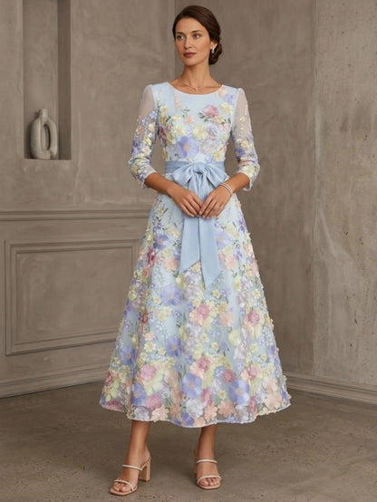 Fresh A-Line Bateau Neck Three-Quarter-Sleeve Closed-Back Midi Mother of the Bride Dresses