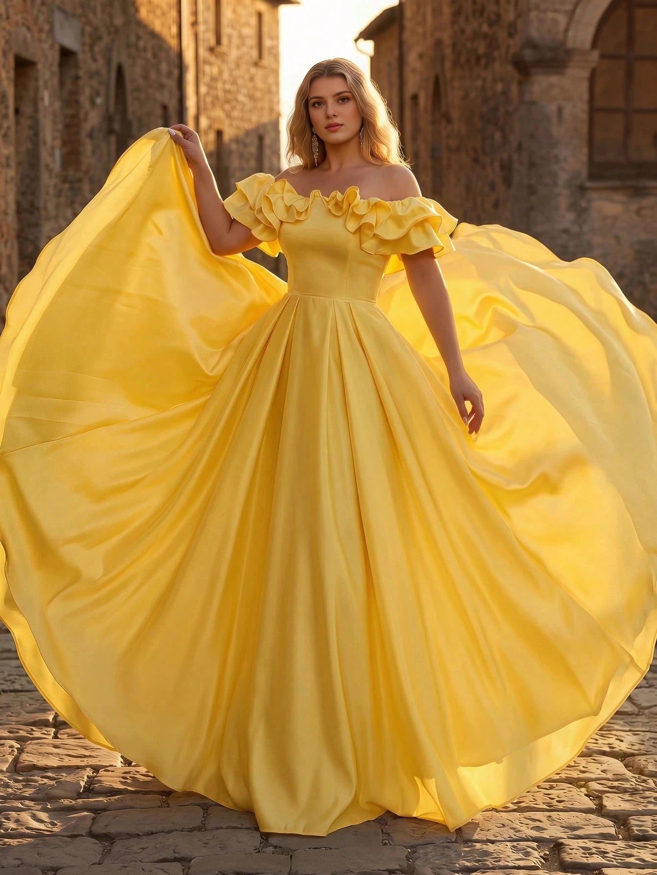Plus Size Yellow A‑Line Off‑The‑Shoulder Ruffle‑Sleeve Corset‑Back Floor‑Length Prom Dress