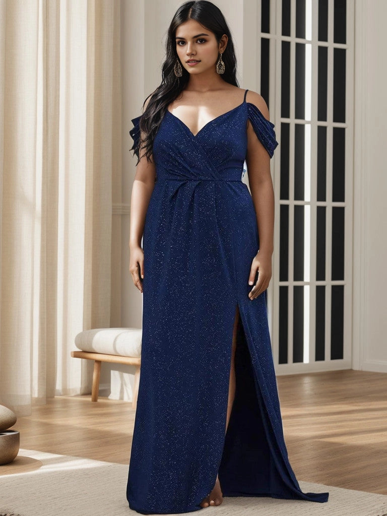 Glamorous Sheath V‑Neck Cold‑Shoulder V‑Back Floor‑Length Plus Size Wedding Guest Dress