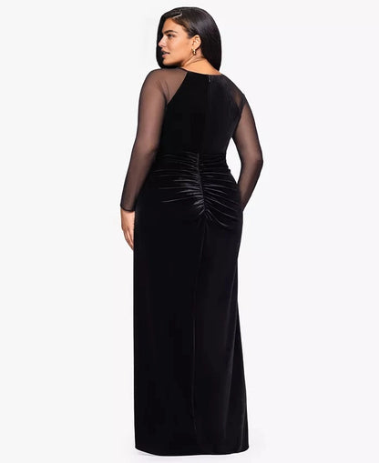 Roselle Dress plus size black velvet mesh sleeve maxi formal gown back view