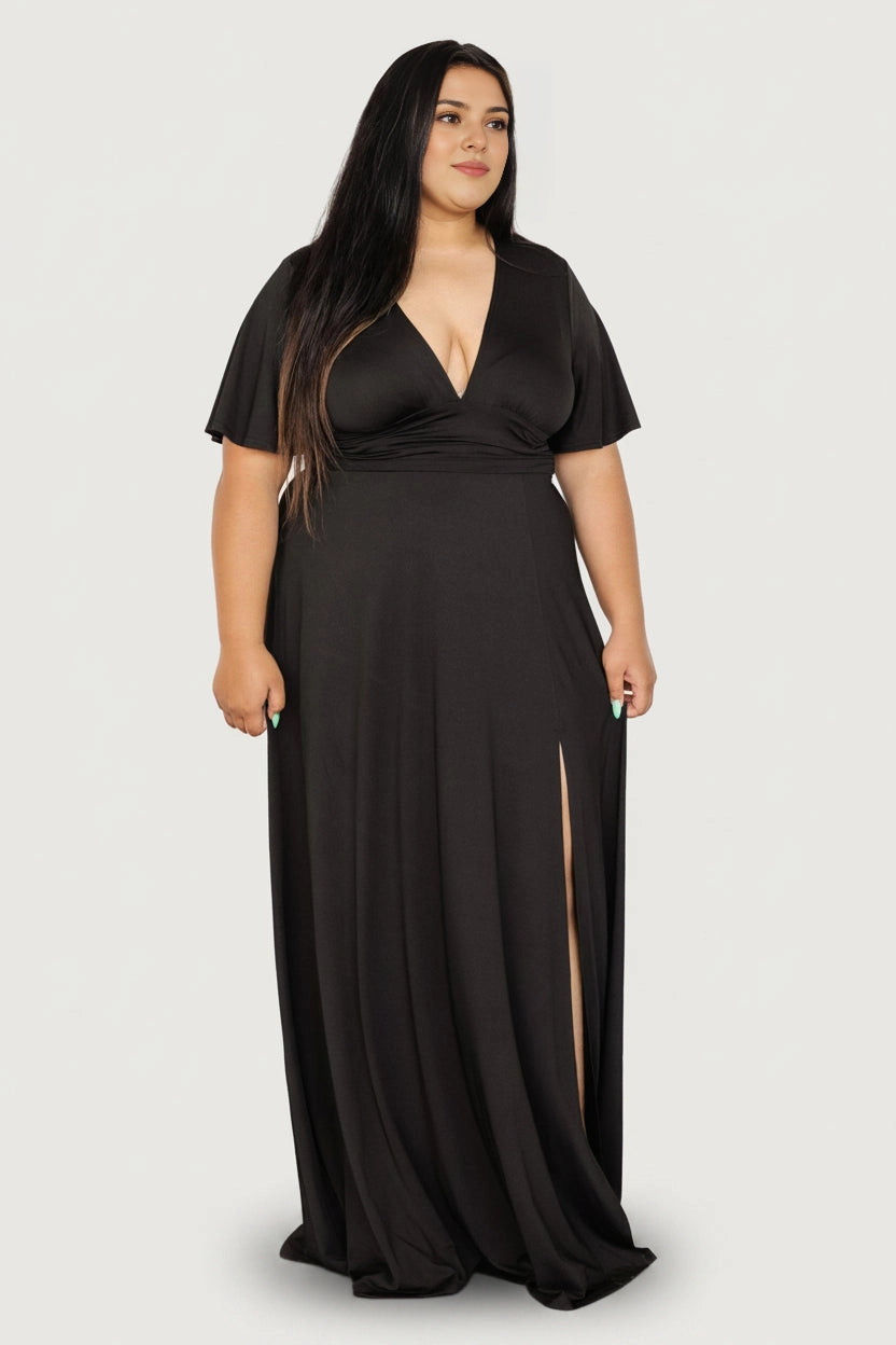 roselledress black plus size maxi bridesmaid dress v neck flutter sleeve high slit formal gown