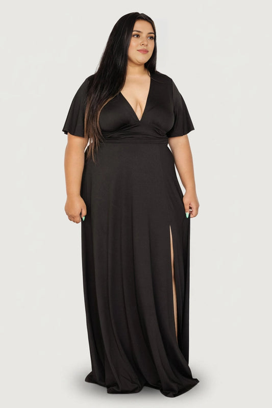 roselledress black plus size maxi bridesmaid dress v neck flutter sleeve high slit formal gown