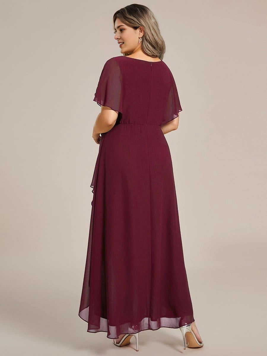 Roselledress Emerald A-Line V-Neck Flutter Sleeve Zip Back High Low Midi Plus Size Weeding Guest Dress