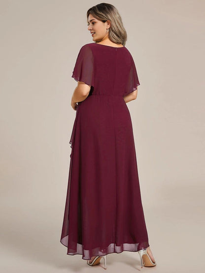 Roselledress Emerald A-Line V-Neck Flutter Sleeve Zip Back High Low Midi Plus Size Weeding Guest Dress