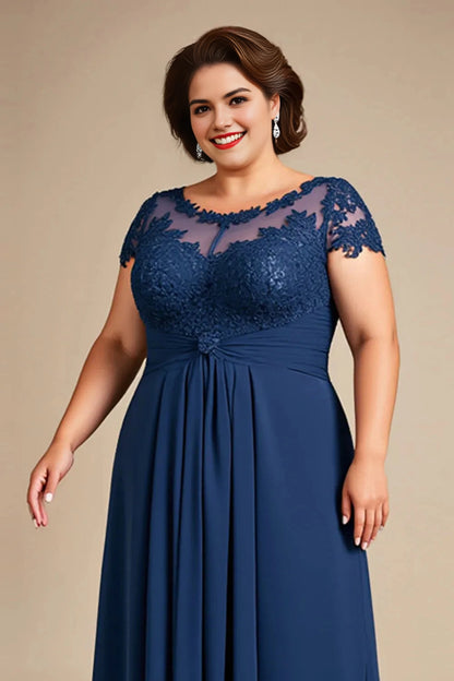 Elegant A‑Line Illusion Neck Cap‑Sleeve Illusion‑Back Floor‑Length Plus Size Mother Of The Bride Dress
