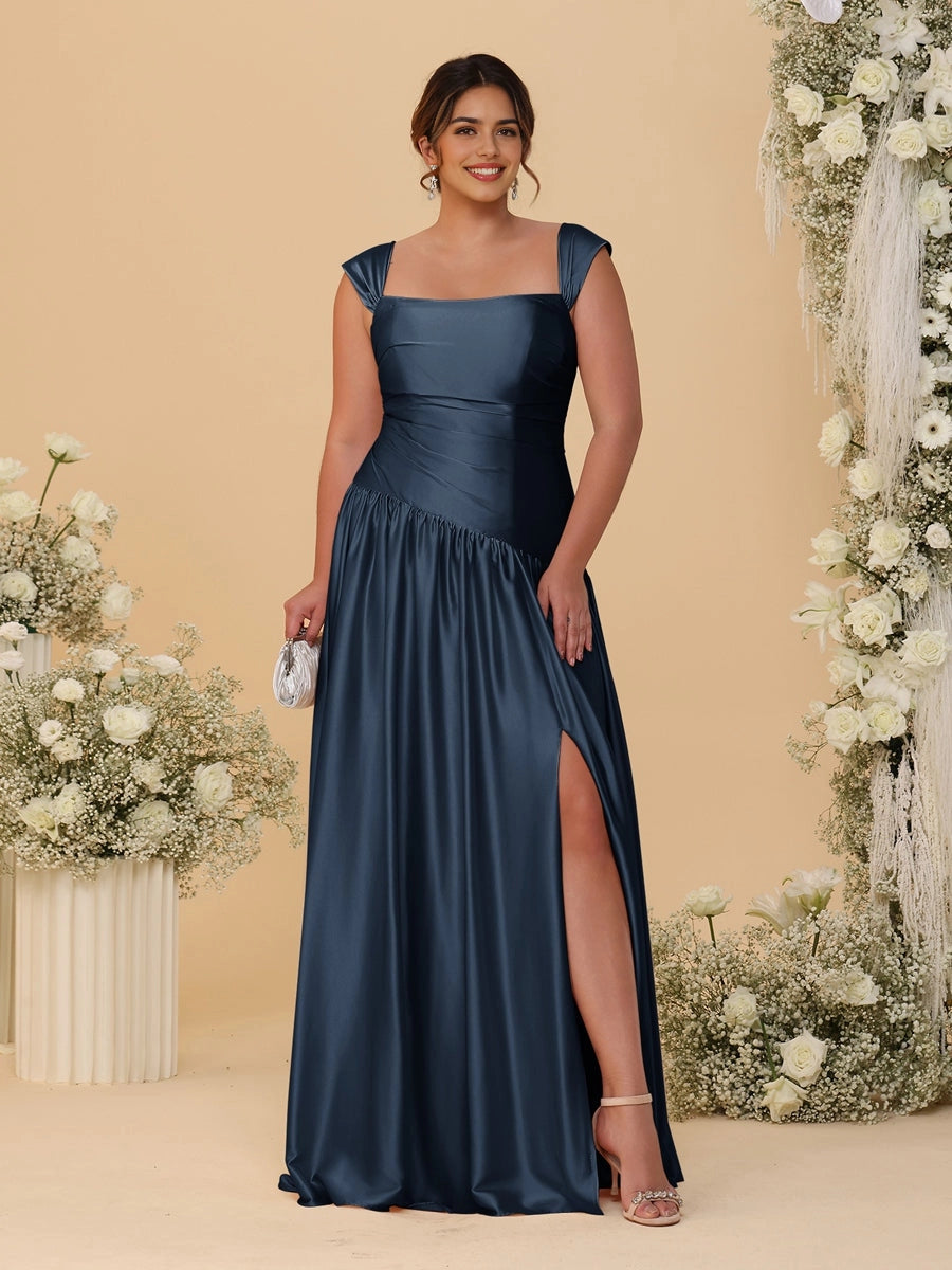 Roselledress Luxury A-Line Square Neck Convertible Sleeve Zipper Back Floor Length Plus Size Mother Of The Bride Dress
