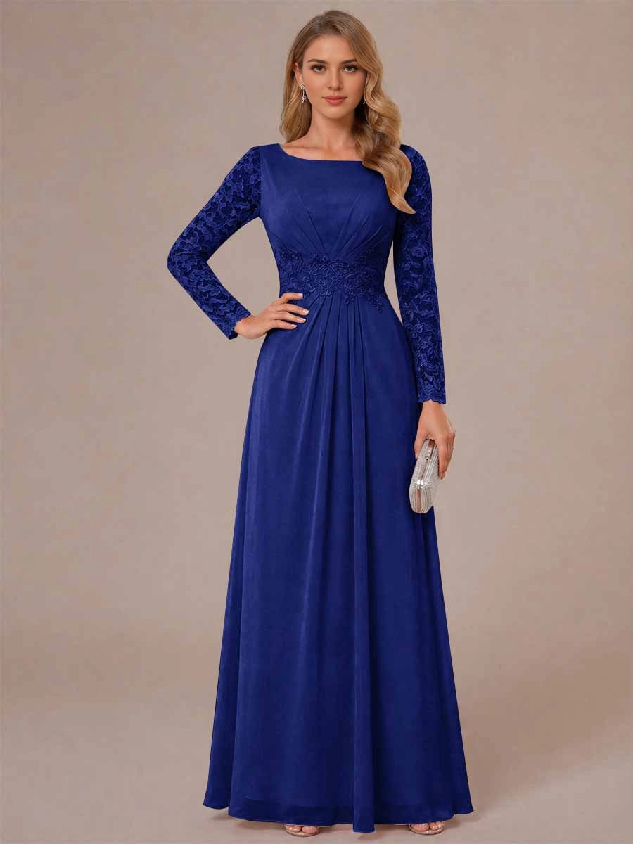 Elegant A Line Boat Neck Long Sleeve Zip Back Long Mother Of Bride Dress