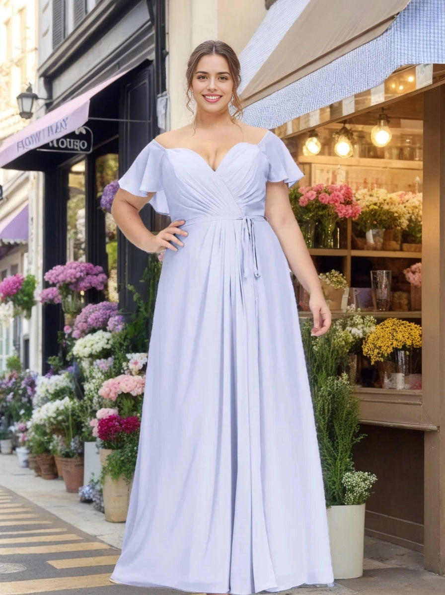 roselledress lavender chiffon plus size bridesmaid dress off shoulder ruched wrap front waist sash french flower shop wedding maxi gown