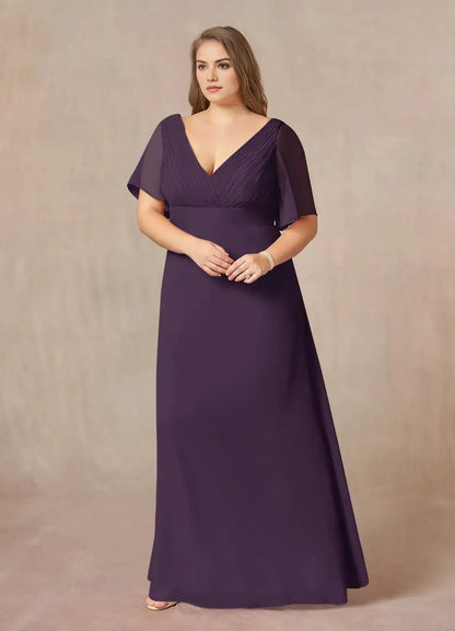 Stunning Mermaid V‑Neck Flutter‑Sleeve V‑Back Floor‑Length Plus Size Bridesmaid Dress