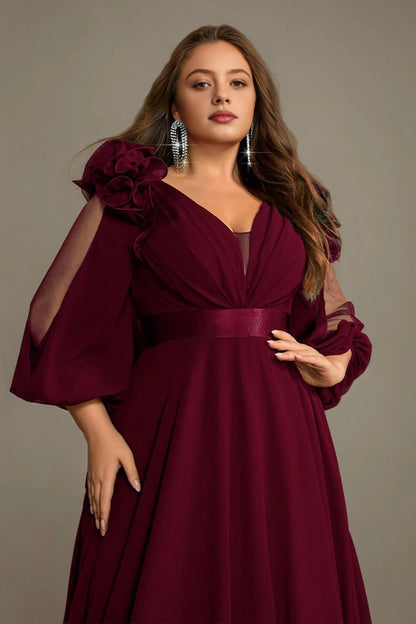 Flowy A-Line Deep V Split-Sleeve Zipper-Back Floor-Length Plus Size Burgundy Mother Of Bride Dress