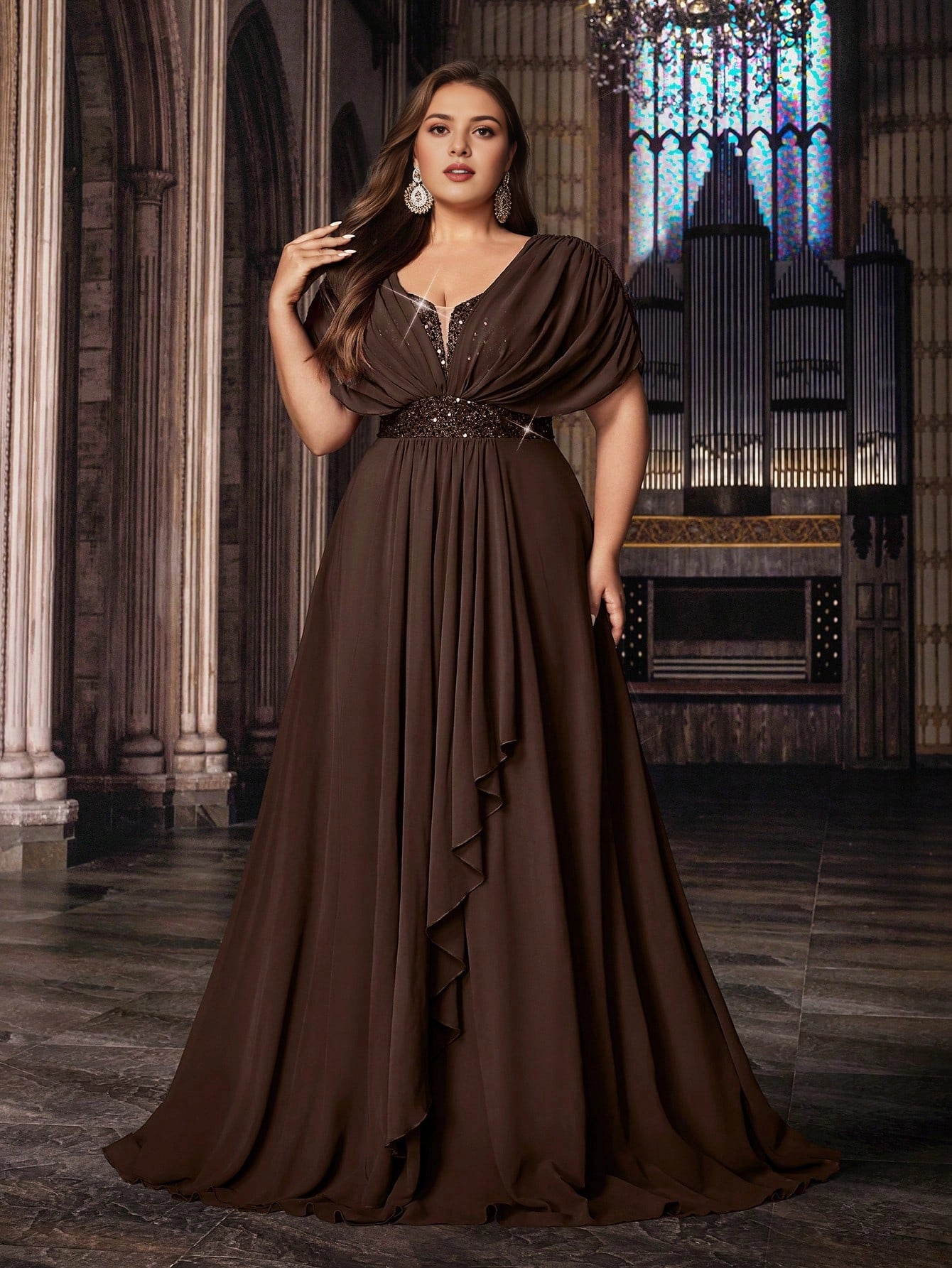 Modest Plus Size A‑Line V‑Neck Cape Sleeve Twist Back Long Prom Dress